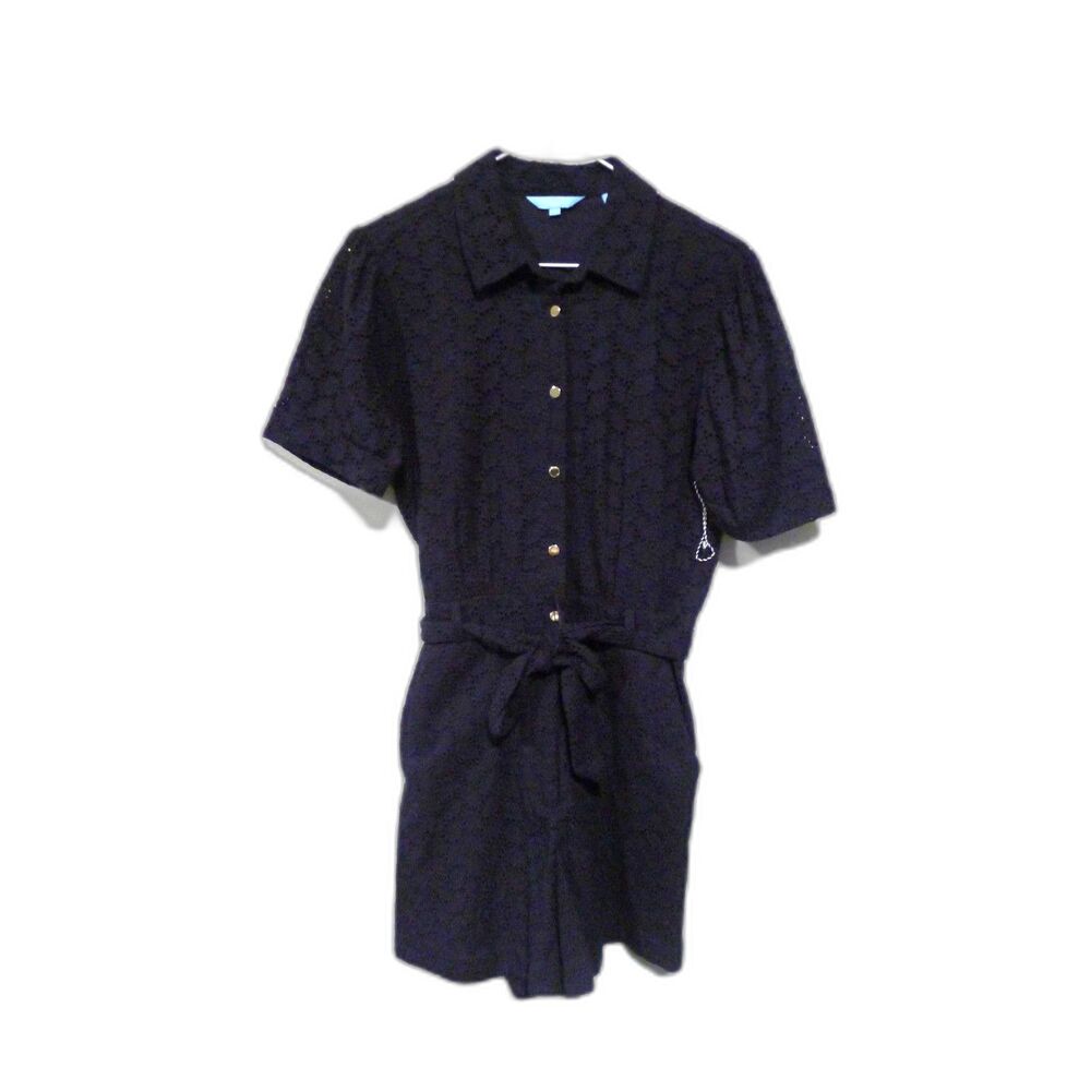 Draper James Eyelet Belted Puff Sleeve Romper  - Navy M - Picture 3 of 9